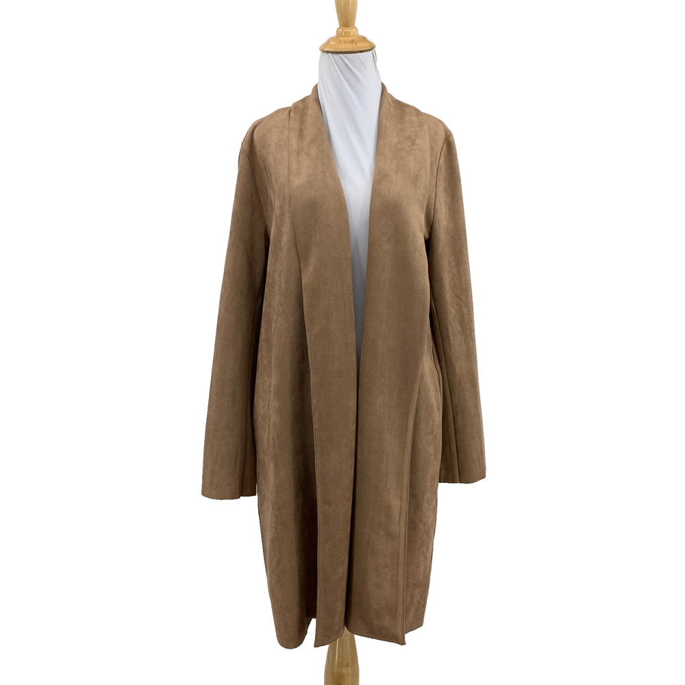 THML Coat Womens L Large Earth Faux Suede Open Front Longline Shawl Pocket